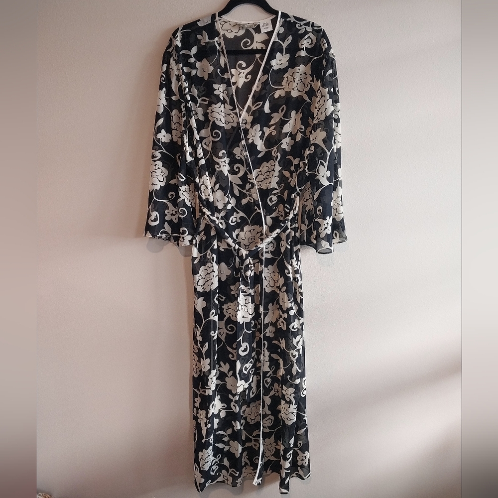 Coldwater Creek Black & Cream Floral Sheer Maxi Kimono Robe Swim Coverup